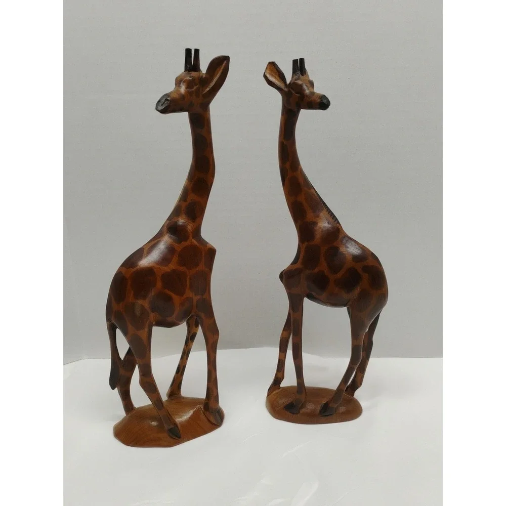 PAIR OF HAND CARVED & PAINTED WOODEN GIRAFFE FIGURINES FROM KENYA - 12